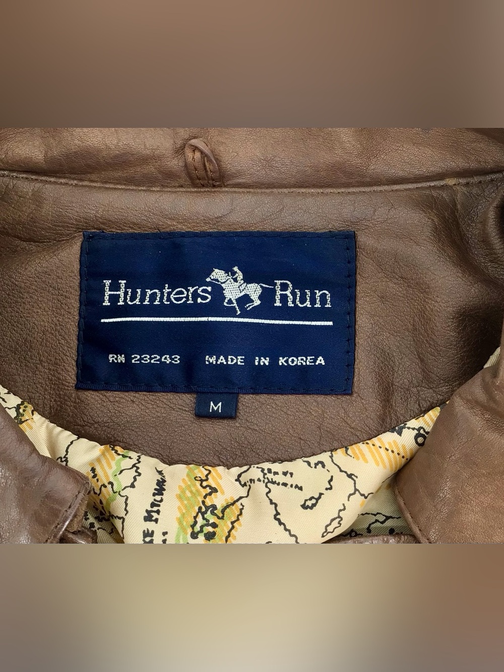 Hunters Vintage Run Bomber Jacket Mens Brown Leather Map Lining Full Zip Medium - Picture 2 of 16